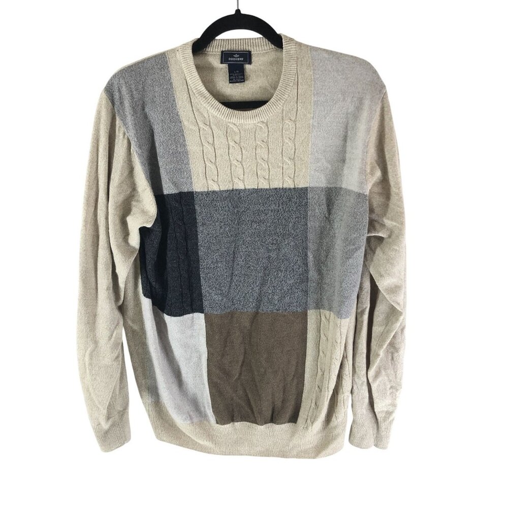 Dockers Mens Patchwork Geometric Crewneck Sweater Beige & Gray Size L